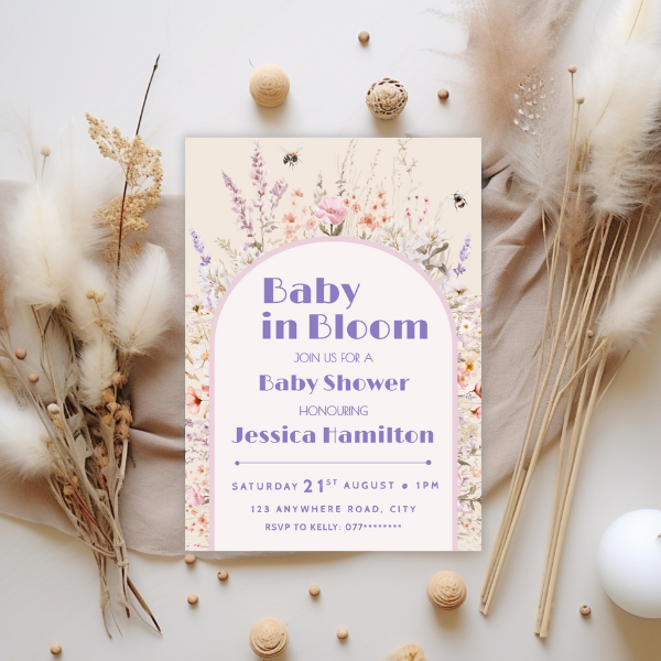 Baby in Bloom Pastel Baby Shower Invitation, Boho Flower Arch Theme