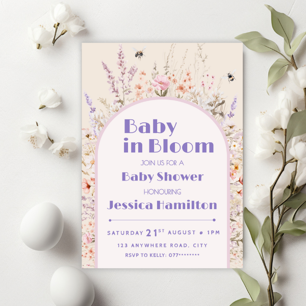 Baby in Bloom Pastel Baby Shower Invitation, Boho Flower Arch Theme