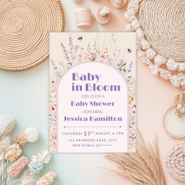 Baby in Bloom Pastel Baby Shower Invitation, Boho Flower Arch Theme