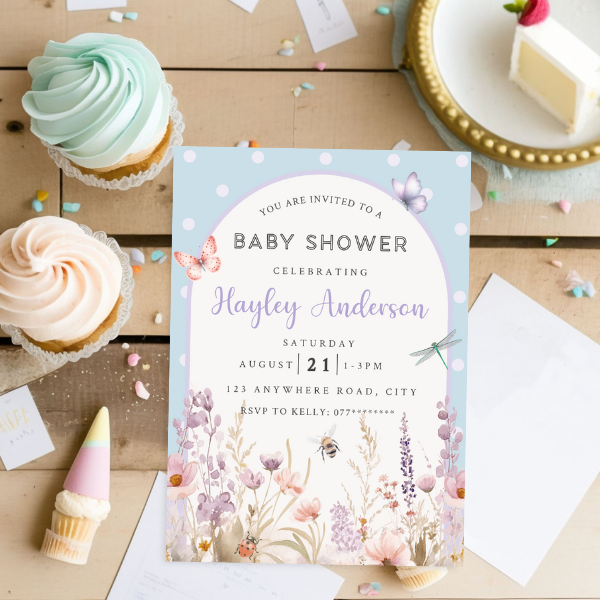 Blue Floral Arch Baby Shower Invitation, Simple Pretty Flower Invite
