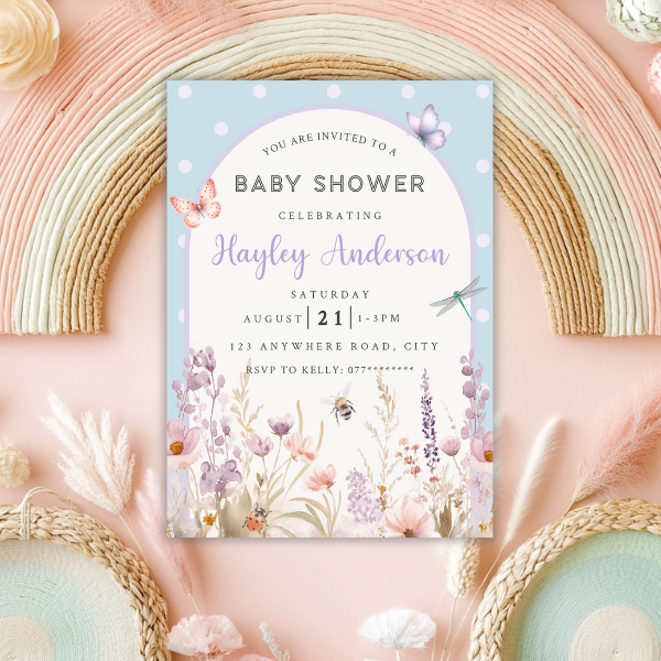 Blue Floral Arch Baby Shower Invitation, Simple Pretty Flower Invite