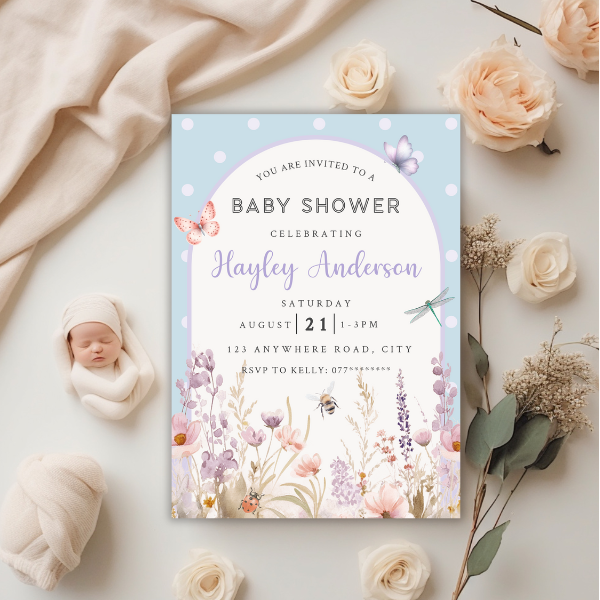 Blue Floral Arch Baby Shower Invitation, Simple Pretty Flower Invite
