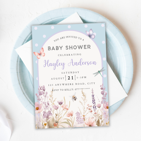Blue Floral Arch Baby Shower Invitation, Simple Pretty Flower Invite