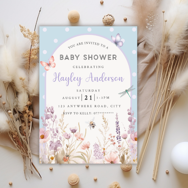 Blue Floral Arch Baby Shower Invitation, Simple Pretty Flower Invite