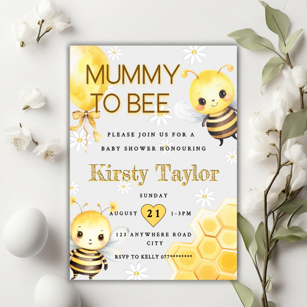 Yellow Mummy to Bee Baby Shower Invitation, Neutral Bumblebee Design