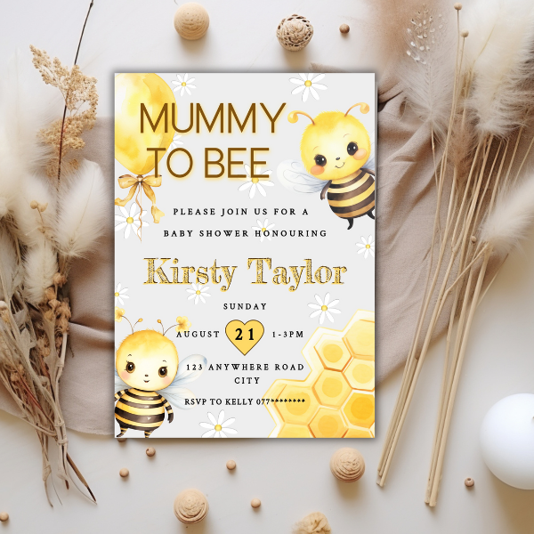Yellow Mummy to Bee Baby Shower Invitation, Neutral Bumblebee Design