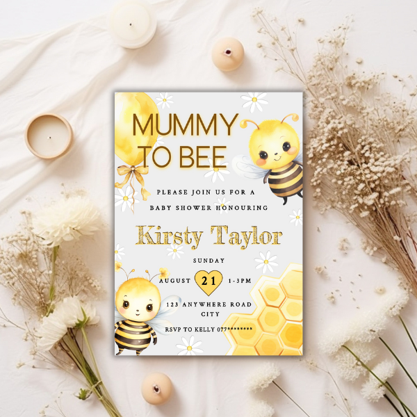 Yellow Mummy to Bee Baby Shower Invitation, Neutral Bumblebee Design