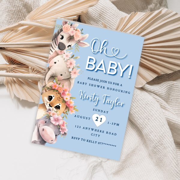 Blue Oh Baby Cute Baby Safari Animal Baby Shower Invitation