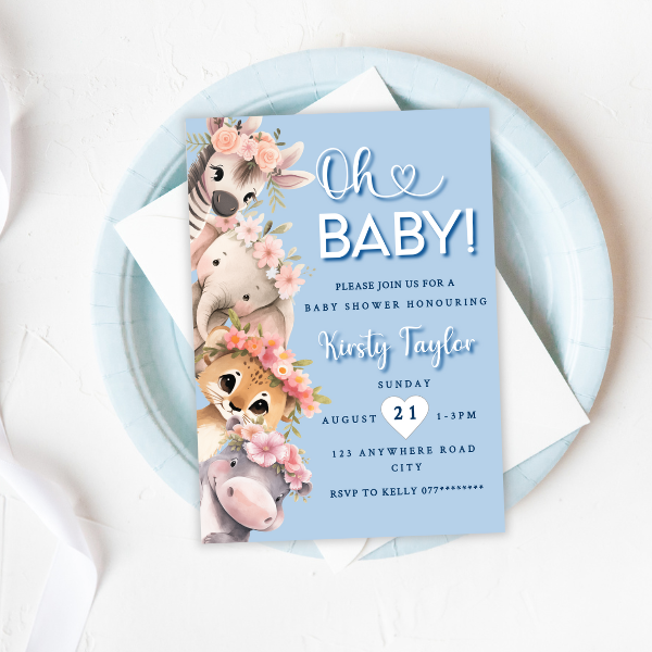 Blue Oh Baby Cute Baby Safari Animal Baby Shower Invitation