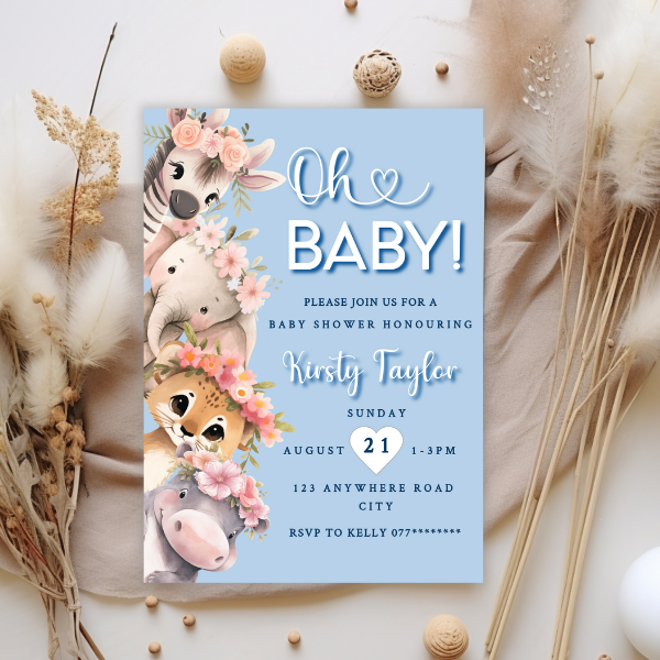 Blue Oh Baby Cute Baby Safari Animal Baby Shower Invitation