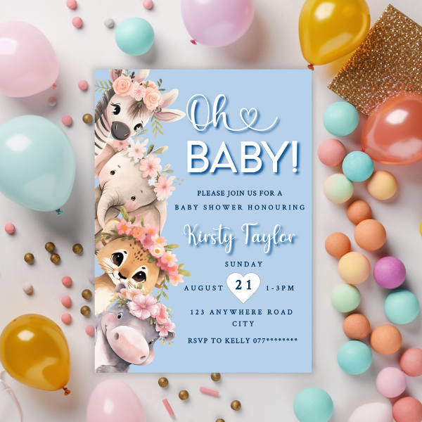 Blue Oh Baby Cute Baby Safari Animal Baby Shower Invitation
