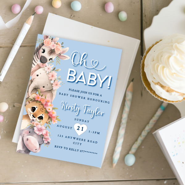 Blue Oh Baby Cute Baby Safari Animal Baby Shower Invitation