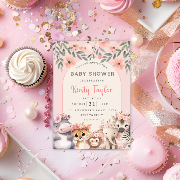 Boho Floral Arch Baby Shower Invitation, Cute Baby Safari Animal Theme