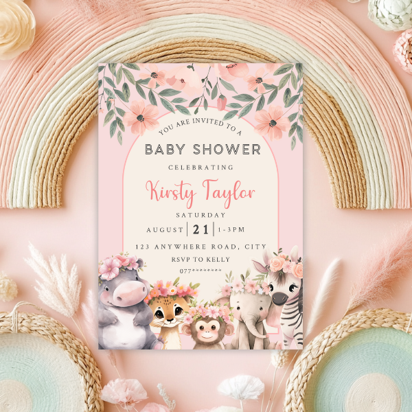 Boho Floral Arch Baby Shower Invitation, Cute Baby Safari Animal Theme