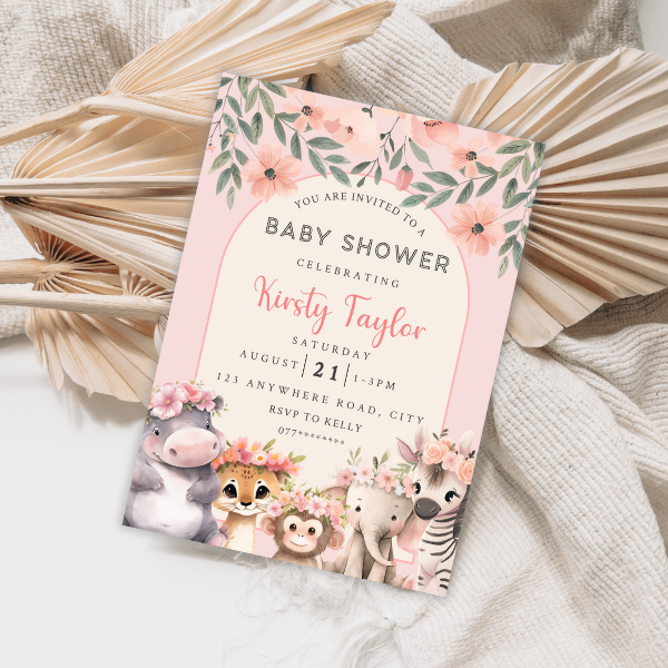 Boho Floral Arch Baby Shower Invitation, Cute Baby Safari Animal Theme