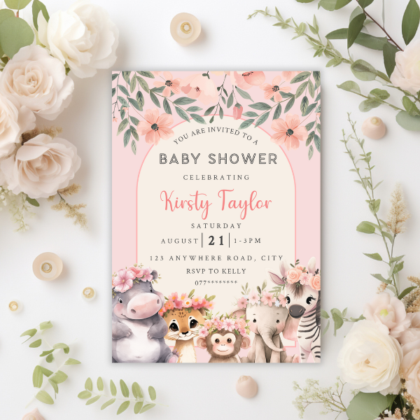 Boho Floral Arch Baby Shower Invitation, Cute Baby Safari Animal Theme