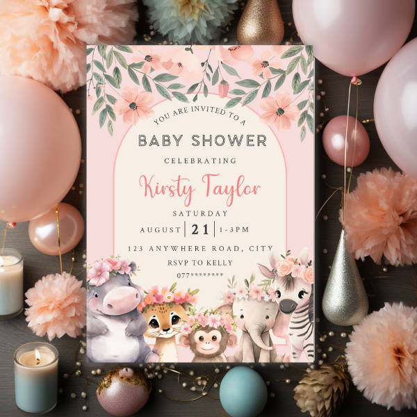 Boho Floral Arch Baby Shower Invitation, Cute Baby Safari Animal Theme