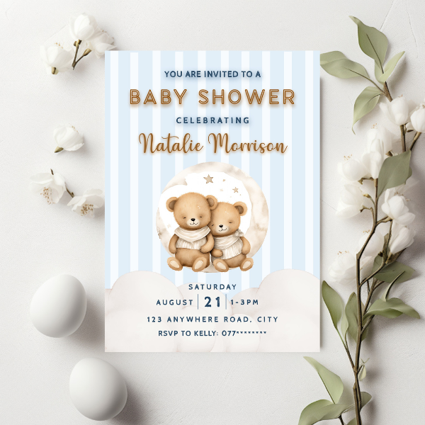 Blue and White Striped Cute Teddy Bear Baby Shower Invitation