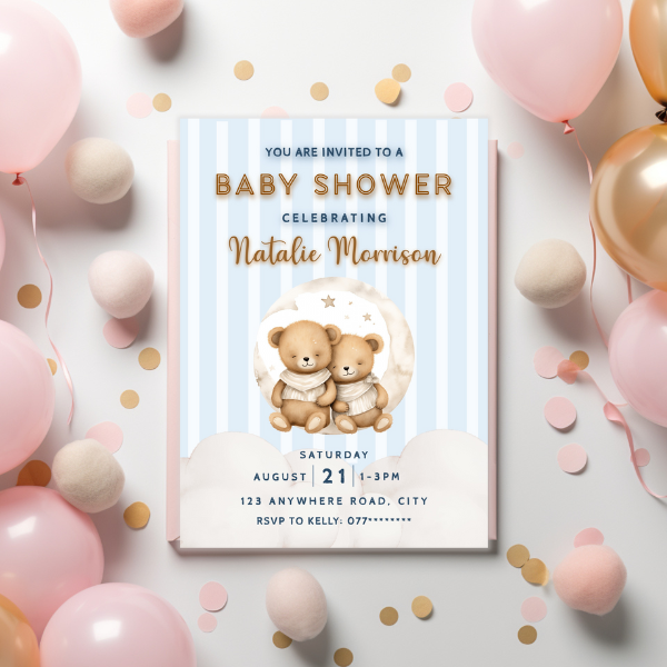 Blue and White Striped Cute Teddy Bear Baby Shower Invitation