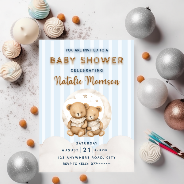 Blue and White Striped Cute Teddy Bear Baby Shower Invitation