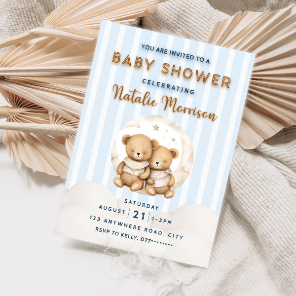 Blue and White Striped Cute Teddy Bear Baby Shower Invitation