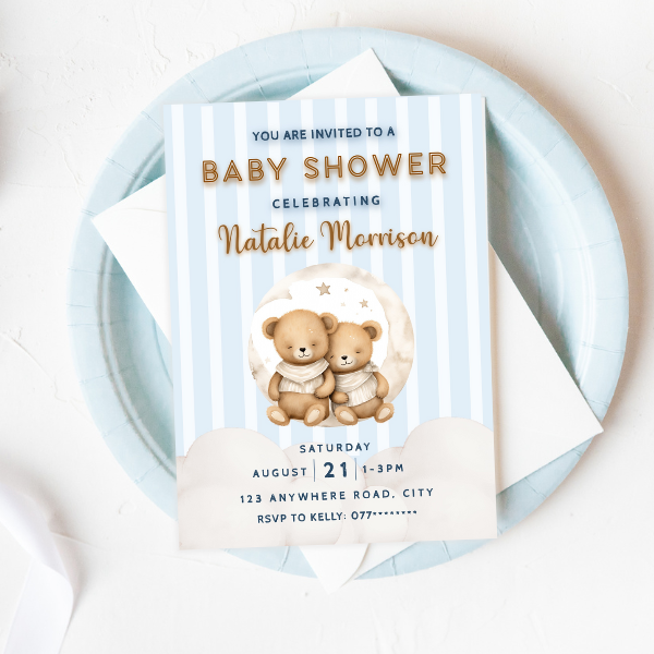 Blue and White Striped Cute Teddy Bear Baby Shower Invitation