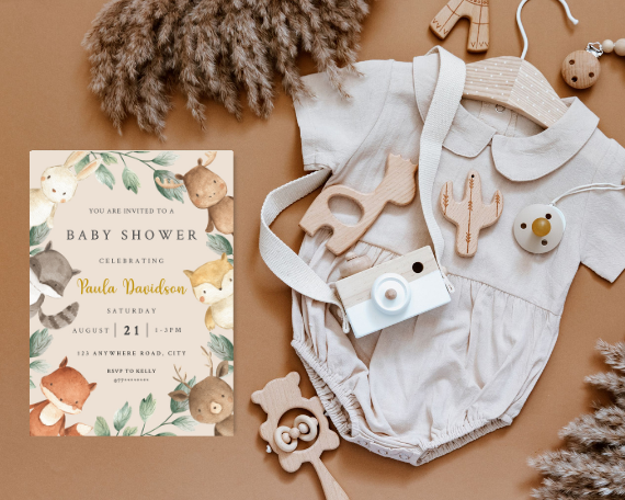 Boho Forest Friends Baby Shower Invitation and Mobile Invite - Woodland Animal Theme