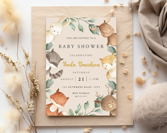 Boho Forest Friends Baby Shower Invitation and Mobile Invite - Woodland Animal Theme