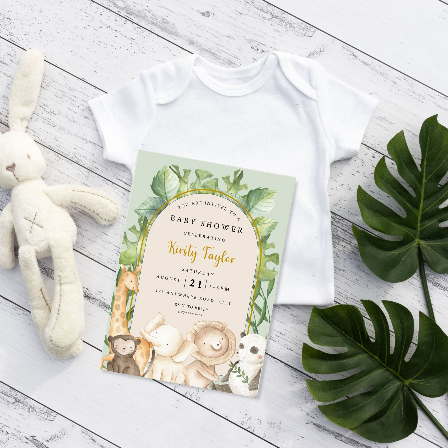 Boho Jungle Safari Arch Baby Shower Invitation, Cute Baby Animal Theme