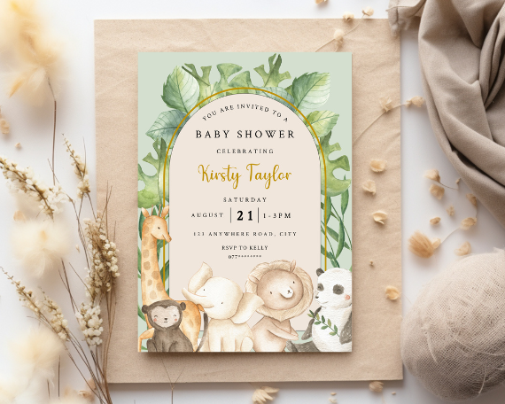 Boho Jungle Safari Arch Baby Shower Invitation, Cute Baby Animal Theme