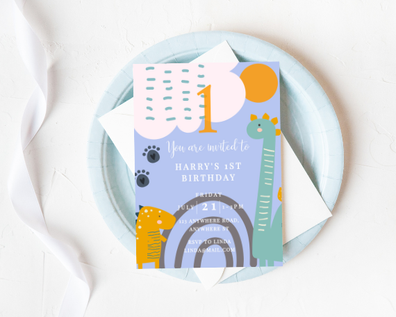 Blue Cute Dinosaur 1st Birthday Party Invitation