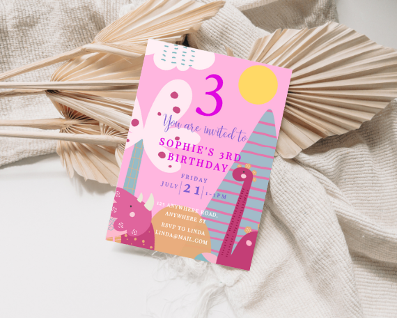 Bright Cute Dinosaur 3rd Birthday Party Invitation