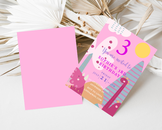 Bright Cute Dinosaur 3rd Birthday Party Invitation