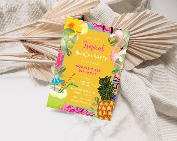 Bright Yellow Tropical Beach Party 7th Birthday Invitation