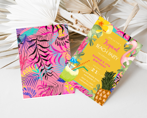 Bright Yellow Tropical Beach Party 7th Birthday Invitation