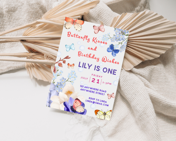 Butterfly Kisses Birthday Wishes First Birthday Invitation, Floral Design