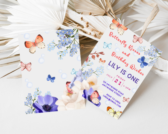Butterfly Kisses Birthday Wishes First Birthday Invitation, Floral Design