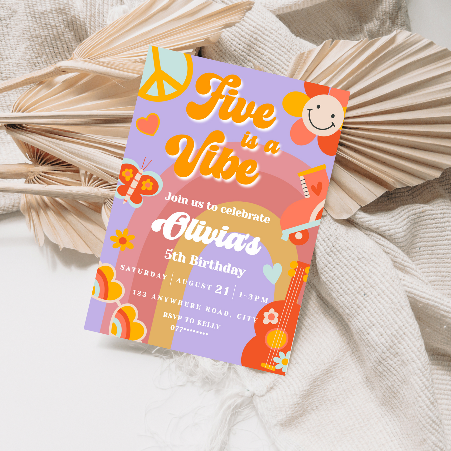 Five is a Vibe Birthday Party Invitation, Groovy Sixties Theme