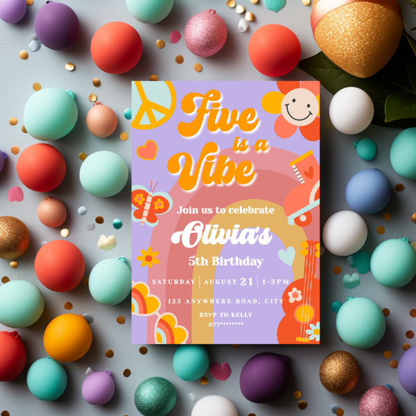 Five is a Vibe Birthday Party Invitation, Groovy Sixties Theme