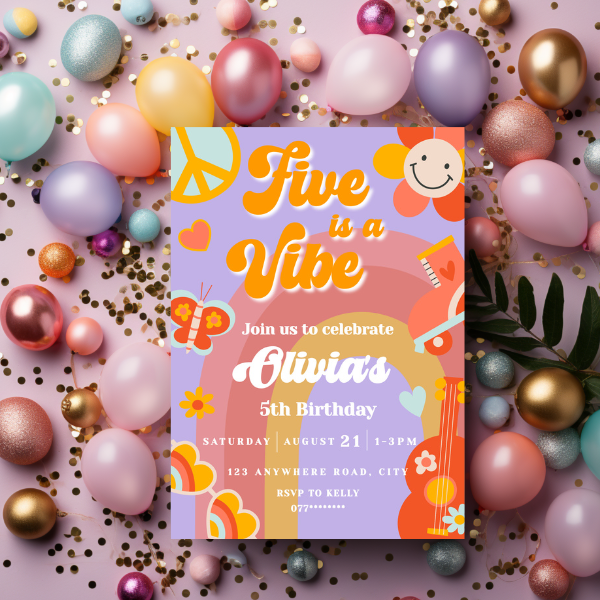 Five is a Vibe Birthday Party Invitation, Groovy Sixties Theme