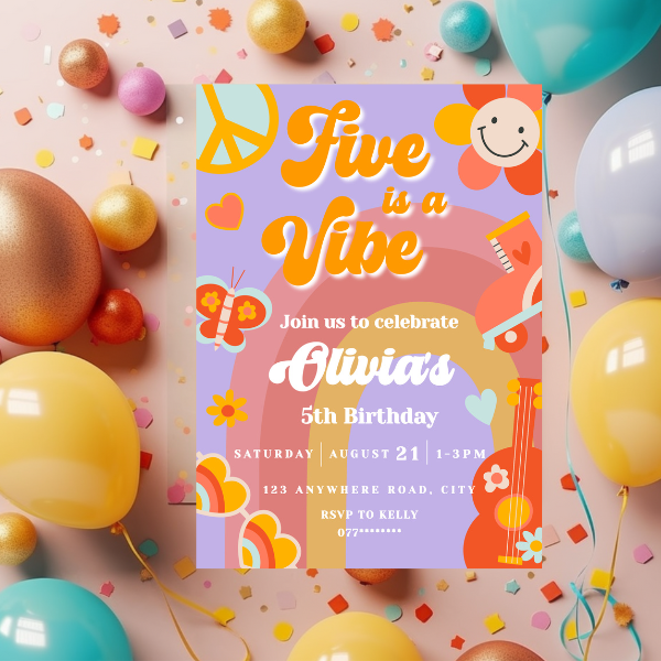 Five is a Vibe Birthday Party Invitation, Groovy Sixties Theme