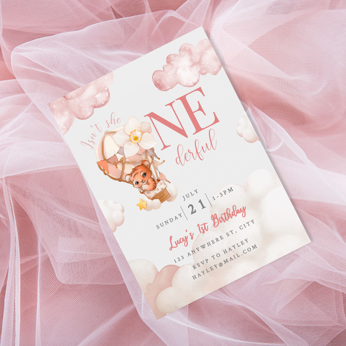 Isn't She Onederful Pink Hot Air Balloon Invite, Up In The Clouds Theme, First Birthday