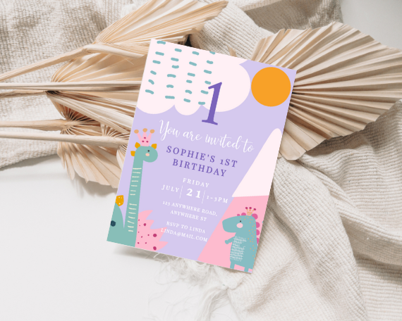 Purple Cute Dinosaur 3rd Birthday Party Invitation
