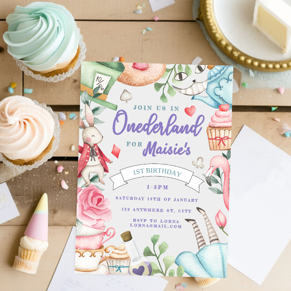 Onederland Invite and Evite, Alice in Wonderland Theme, First Birthday