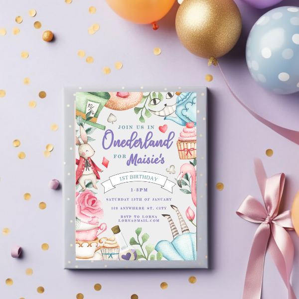 Onederland Invite and Evite, Alice in Wonderland Theme, First Birthday
