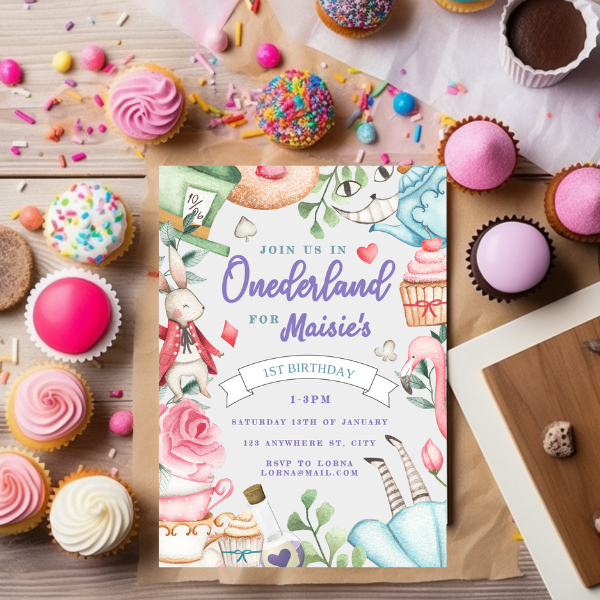 Onederland Invite and Evite, Alice in Wonderland Theme, First Birthday