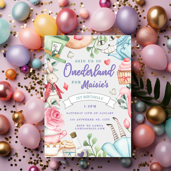 Onederland Invite and Evite, Alice in Wonderland Theme, First Birthday