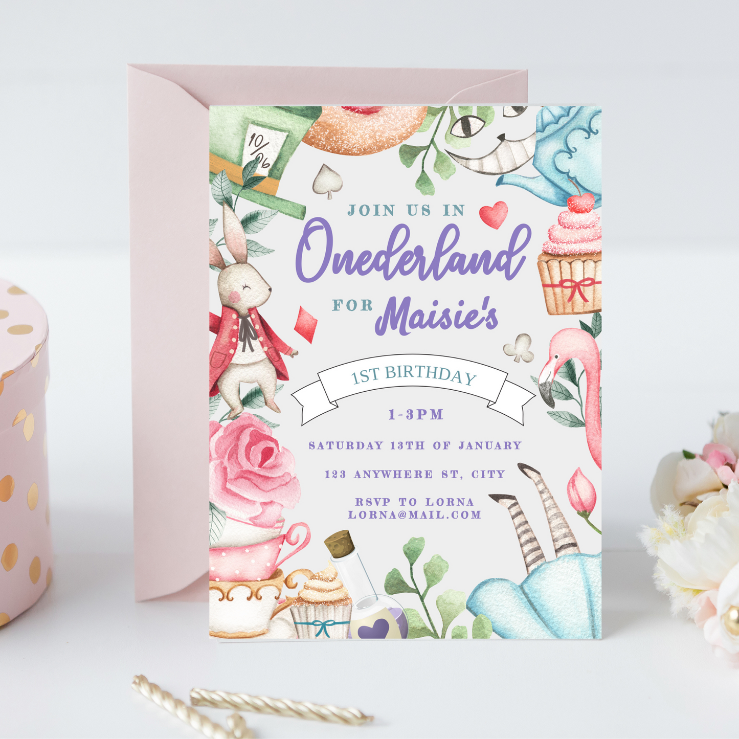 Onederland Invite and Evite, Alice in Wonderland Theme, First Birthday