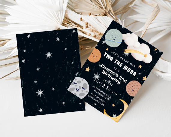 Two the Moon Children's Party Invitation, Outer Space Theme