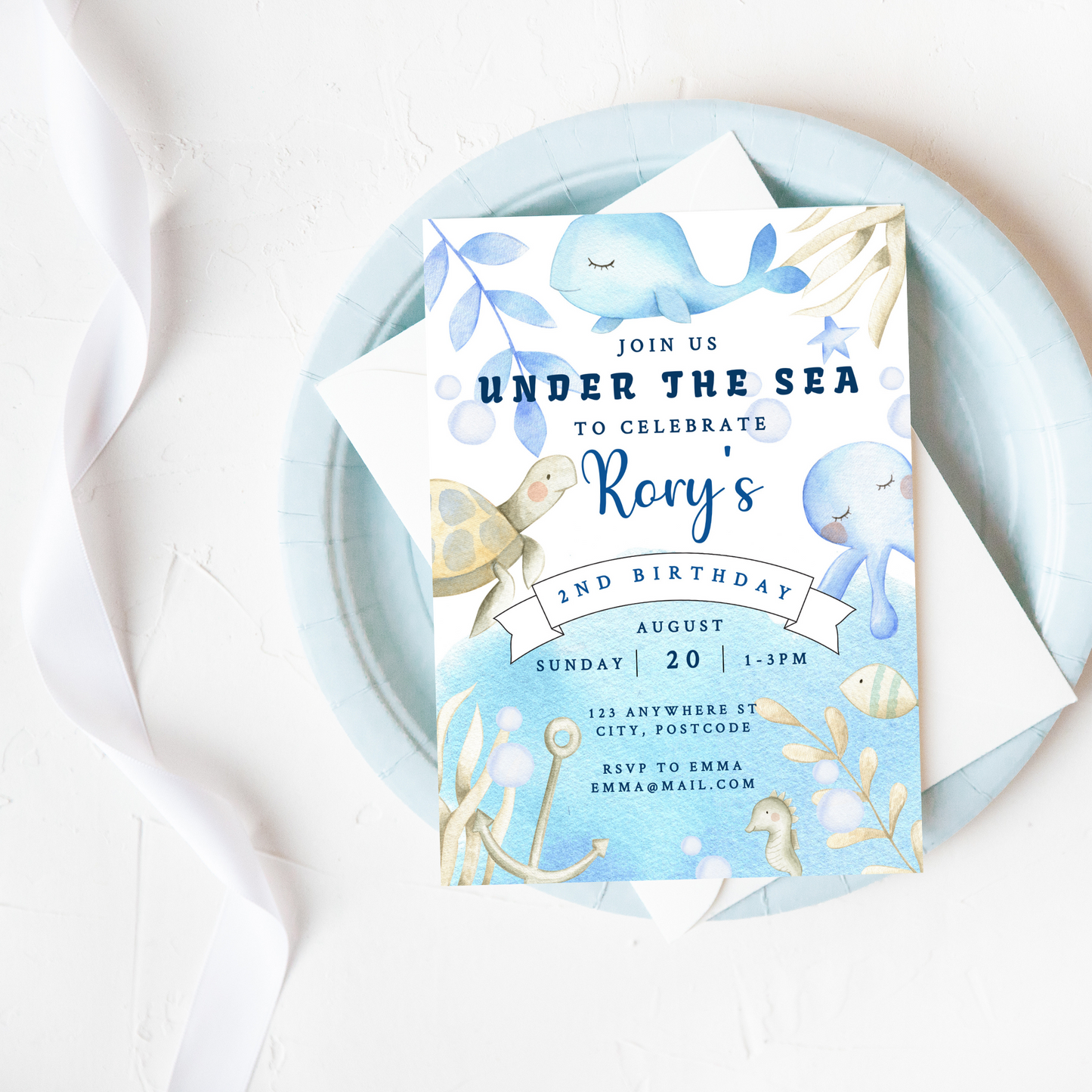 Under The Sea Blue 2nd Birthday Invitation and Mobile Invite, Ocean Life Theme, Boy Birthday